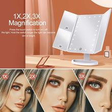 Load image into Gallery viewer, Makeup Mirror Vanity Mirror with 22 LED Lights, 1x 2X 3X Magnification, Lighted Makeup Mirror, Touch Control, Trifold Makeup Mirror, 180 Degree Rotation White, Portable LED Makeup Mirror, Women Gift