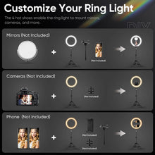 Load image into Gallery viewer, Selfie Ring Light with Black Tripod Stand 10-inch Dimmable Desktop Ringlight with DIY Ports, Circle Light LED Camera Lighting for Live Stream /Makeup, Compatible with iPhone Android
