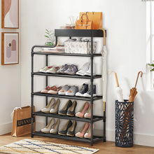 Load image into Gallery viewer, 6-Tier Free Standing Shoe Rack, 39.7In Shoe Shelf, Entryway Shoe Organizer Storage Cabinet, with 5 Fabric Shelves and Storage Top for Bags or Shoes, Black
