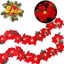 Load image into Gallery viewer, 2PCS Poinsettia Christmas Flowers Decorations Garland String Lights - 6.5FT Xmas Tree Artificial Ornaments Indoor/Outdoor Party Decor with Holly Leaves &amp; Timer (Not Batteries)
