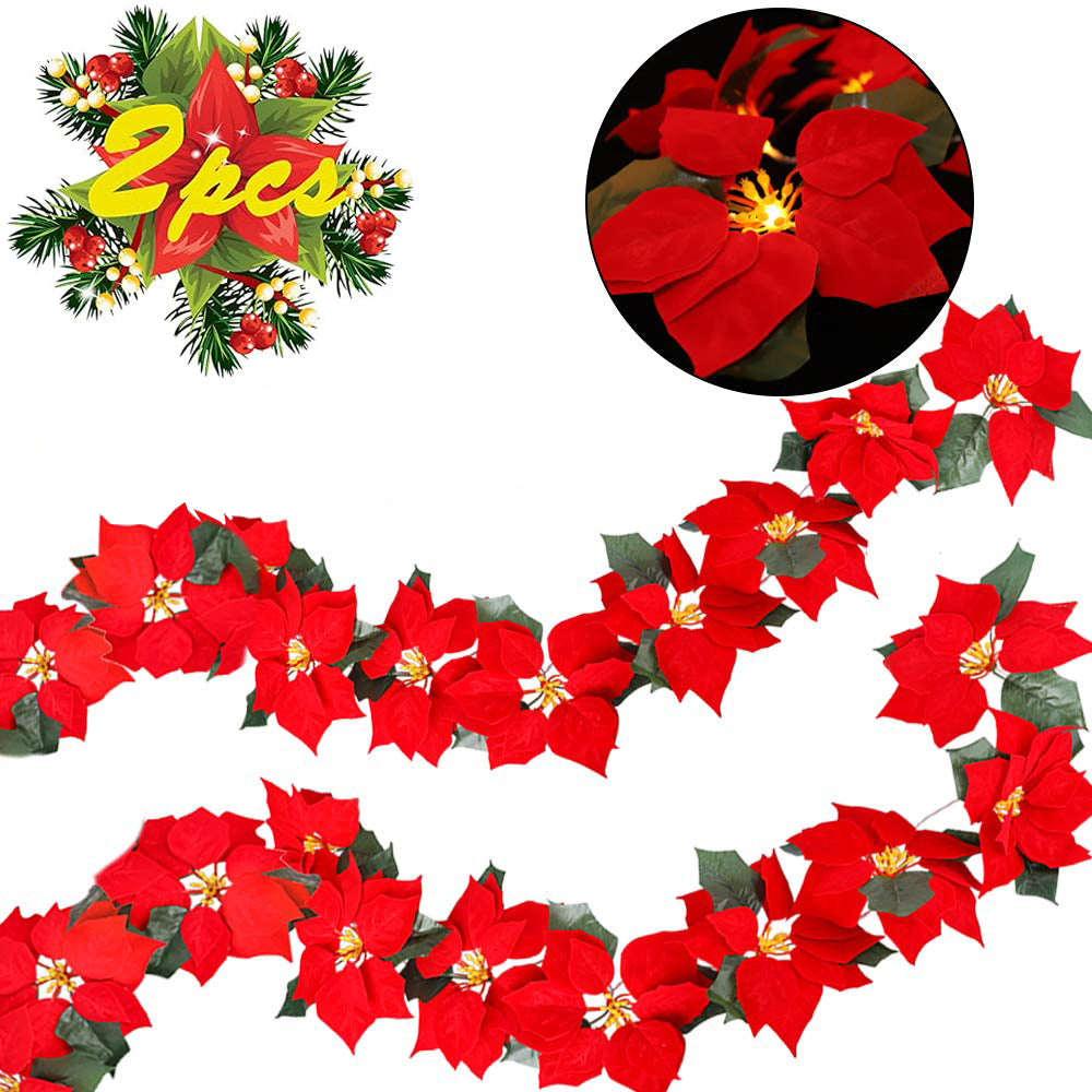 2PCS Poinsettia Christmas Flowers Decorations Garland String Lights - 6.5FT Xmas Tree Artificial Ornaments Indoor/Outdoor Party Decor with Holly Leaves & Timer (Not Batteries)