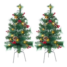Load image into Gallery viewer, 24in Artificial Christmas Trees Set of 2 Pre-Lit Mini Christmas Trees with 30 LED Lights, Pine, Berries for Indoor Outdoor Decor
