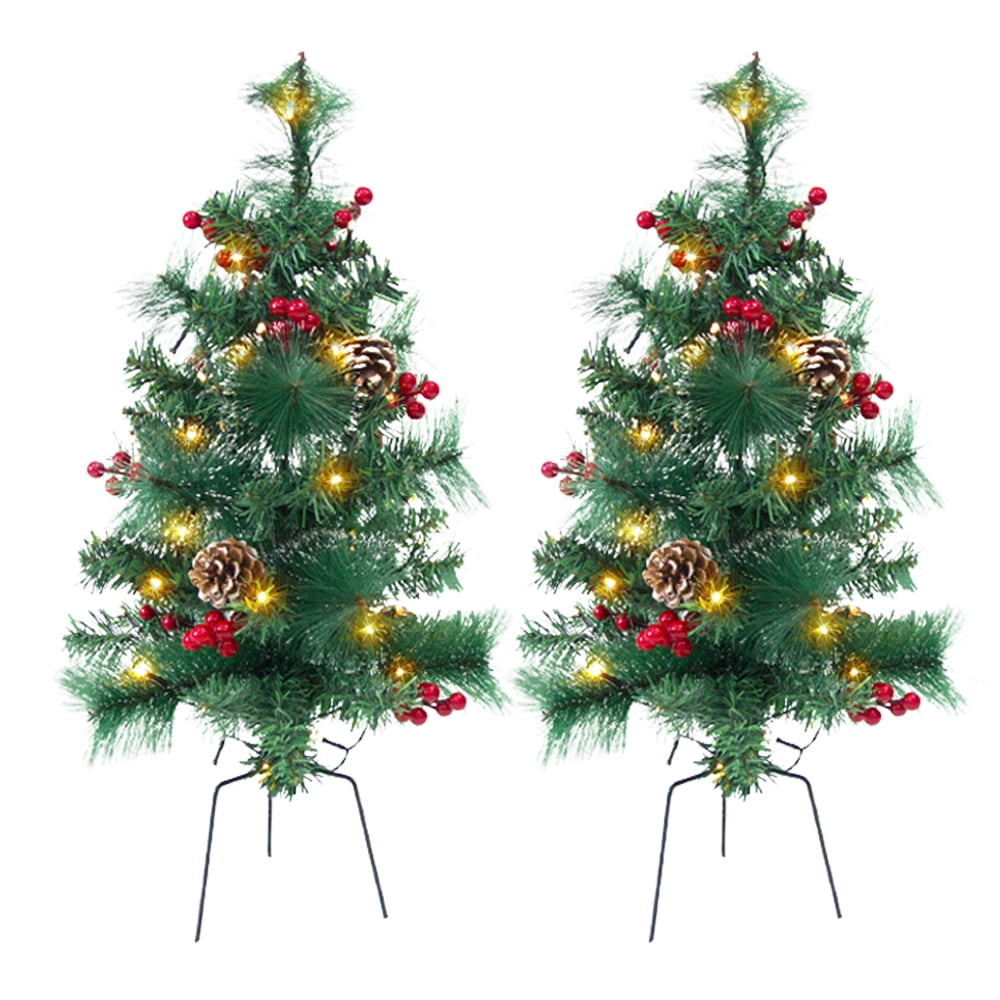 24in Artificial Christmas Trees Set of 2 Pre-Lit Mini Christmas Trees with 30 LED Lights, Pine, Berries for Indoor Outdoor Decor