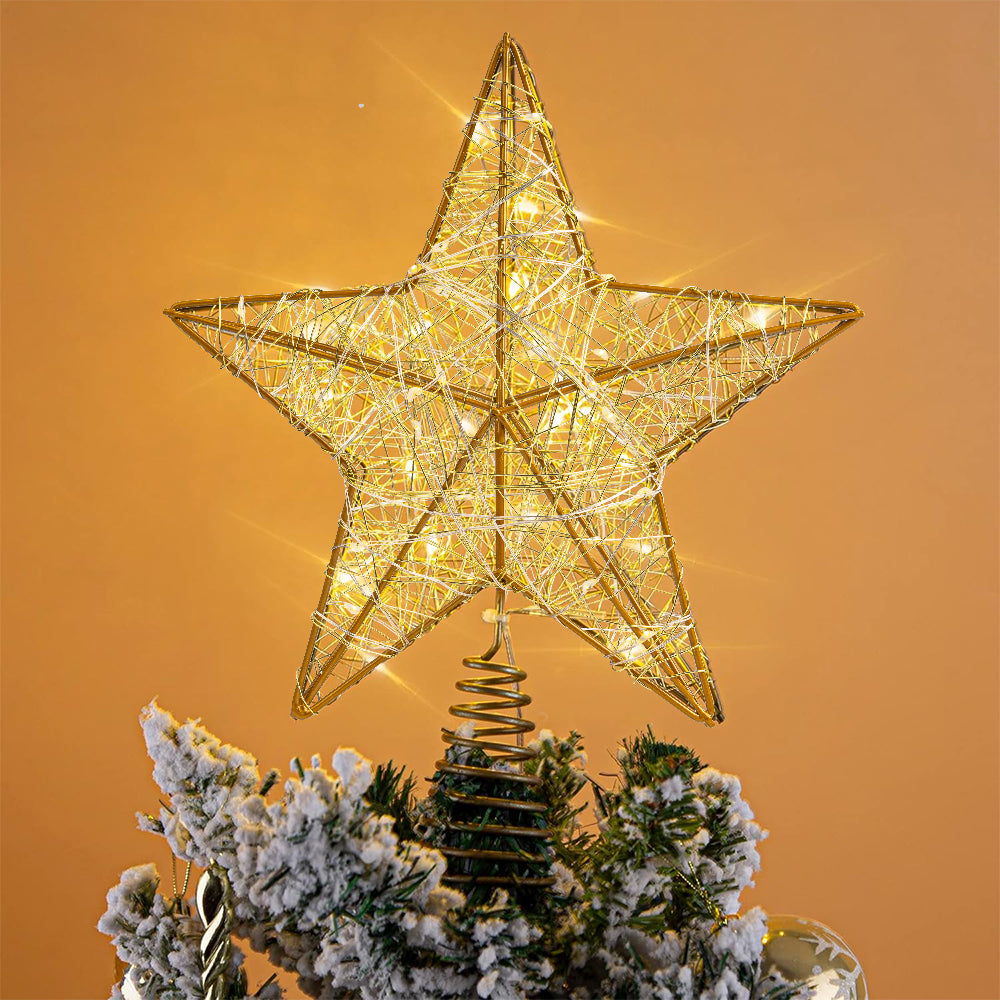 Christmas Star Tree Topper, Lighted Christmas Tree Topper, Hollow Gold Lighted Tree Star, LED Light up Xmas Tree Topper with 30 LE