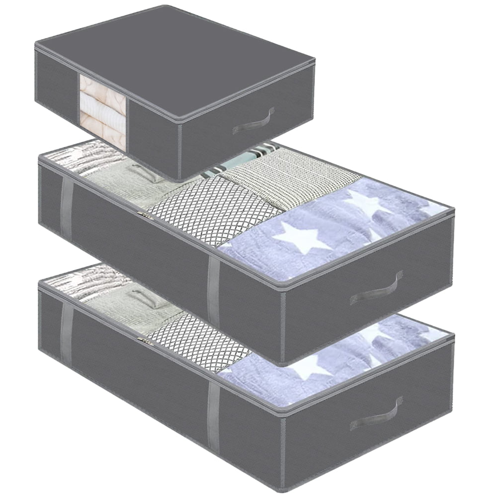 2 Pcs 90L + 1 Piece 32L Large Underbed Storage Bags Organizer Container with Zippers, Foldable Under Bed Storage Organizers for Comforters, Foldable Storage Bags with Clear Window, Grey