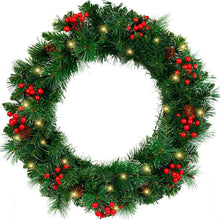 Load image into Gallery viewer, 24&quot; Pre-Lit Artificial Christmas Wreaths for Front Door Decorated with Pine Cones, Red Berries, Frosted Branches, 50 LED Lights for Indoor Outdoor Christmas Decorations
