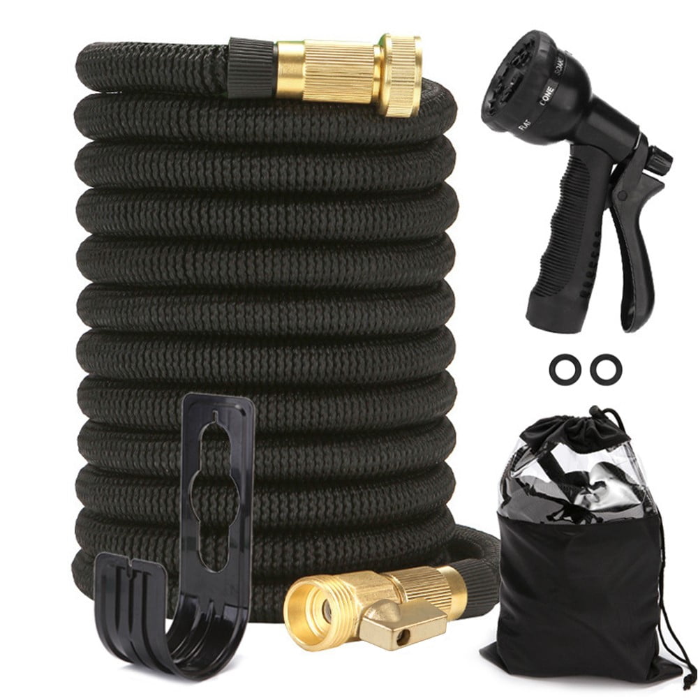 25 Ft Expandable Garden Hose, Latex Water Hose with Holder, No-Kink Lightweight Flexible Hose with 3/4 Inch Solid Fittings, Extra Strong Brass Connectors and 8 Spray Nozzle, Black