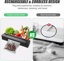 Load image into Gallery viewer, Vacuum Sealer Machine, Cordless Rechargeable Food Vacuum Sealer for Dry/Moist Food Storage and Sous Vide, With Strong Vacuum and Complete Seal, With Bag Cutter and 10 Vacuum Bags
