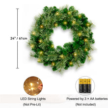 Load image into Gallery viewer, 24 Inch Pre Lit Artificial Christmas Wreath With 40 LED Warm Yellow Lights And 140 PVC Tree Branch Tips With Timing Function, Green
