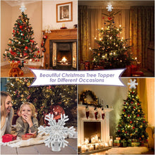 Load image into Gallery viewer, Christmas Tree Topper, 9.6” Snowflake Tree Toppers Lighted Indoor with Rotating 3D Silver Snowflake LED Projector Hollow Glitter Lighted for Tree Christmas Decorations Holiday Ornaments
