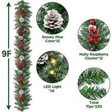 Load image into Gallery viewer, 9ft Pre-Lit Christmas Garland with 50 Waterproof LED Light and Pine Cones and Berries, 220 Branches Battery Operated Christmas Garland Decoration for Xmas Holiday Party
