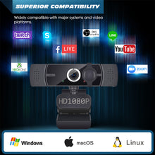 Load image into Gallery viewer, Webcam with Microphone, 1080P FHD Webcam with Privacy Cover, Plug and Play USB Web Camera for Desktop &amp; Laptop Conference, Meeting, Zoom, Skype, Facetime, Windows, Linux, and macOS
