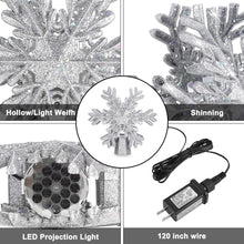 Load image into Gallery viewer, Christmas Tree Topper, 9.6” Snowflake Tree Toppers Lighted Indoor with Rotating 3D Silver Snowflake LED Projector Hollow Glitter Lighted for Tree Christmas Decorations Holiday Ornaments
