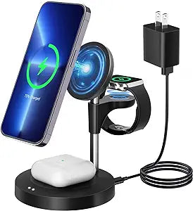 3 in 1 Charging Station, Wireless Charger for iPhone, Fast Mag-Safe Charger Stand with QC2.0 3.0 Adapter Compatible with iPhone 14,13,12 Pro Max/Pro/Mini/Plus, Watch Ultra/8/7/SE/6/5/4/3/2/1, Black