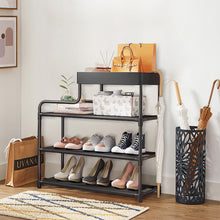 Load image into Gallery viewer, 4-Tier Free Standing Shoe Rack, 24.8 in Shoe Shelf, Entryway Shoe Organizer Storage Cabinet, with 3 Fabric Shelves and Storage Top for Bags or Shoes, Black
