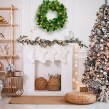 Load image into Gallery viewer, 24 Inch Pre Lit Artificial Christmas Wreath With 40 LED Warm Yellow Lights And 140 PVC Tree Branch Tips With Timing Function, Green
