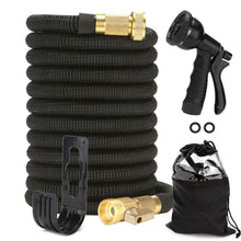 Load image into Gallery viewer, 75 Ft Expandable Garden Hose, Latex Water Hose with Holder, No-Kink Lightweight Flexible Hose with 3/4 Inch Solid Fittings, Extra Strong Brass Connectors and 8 Spray Nozzle, Black
