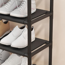 Load image into Gallery viewer, 4-Tier Free Standing Shoe Rack, 24.8 in Shoe Shelf, Entryway Shoe Organizer Storage Cabinet, with 3 Fabric Shelves and Storage Top for Bags or Shoes, Black
