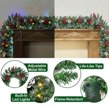 Load image into Gallery viewer, 9ft Pre-Lit Christmas Garland with 50 Waterproof LED Light and Pine Cones and Berries, 220 Branches Battery Operated Christmas Garland Decoration for Xmas Holiday Party
