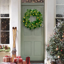 Load image into Gallery viewer, 24 Inch Pre Lit Artificial Christmas Wreath With 40 LED Warm Yellow Lights And 140 PVC Tree Branch Tips With Timing Function, Green
