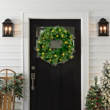 Load image into Gallery viewer, 24 Inch Pre Lit Artificial Christmas Wreath With 40 LED Warm Yellow Lights And 140 PVC Tree Branch Tips With Timing Function, Green
