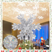 Load image into Gallery viewer, Christmas Tree Topper, 9.6” Snowflake Tree Toppers Lighted Indoor with Rotating 3D Silver Snowflake LED Projector Hollow Glitter Lighted for Tree Christmas Decorations Holiday Ornaments
