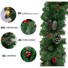 Load image into Gallery viewer, Mighty Rock 9FT Christmas Garland with 50 Waterproof LED Lights, Timer 8 Modes 20 Snowy Pinecones 98 Red Berries Battery Operated Pre-Lit Xmas Garland Christmas Decor for Christmas
