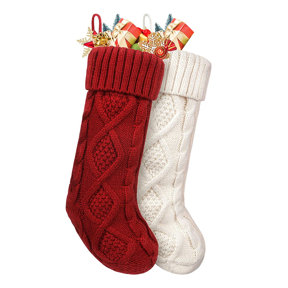 Christmas Stockings Large Knitted Stocking Ivory White Burgundy Solid Color 18'' 2 Pack for Family Xmas Holiday Party Decoration
