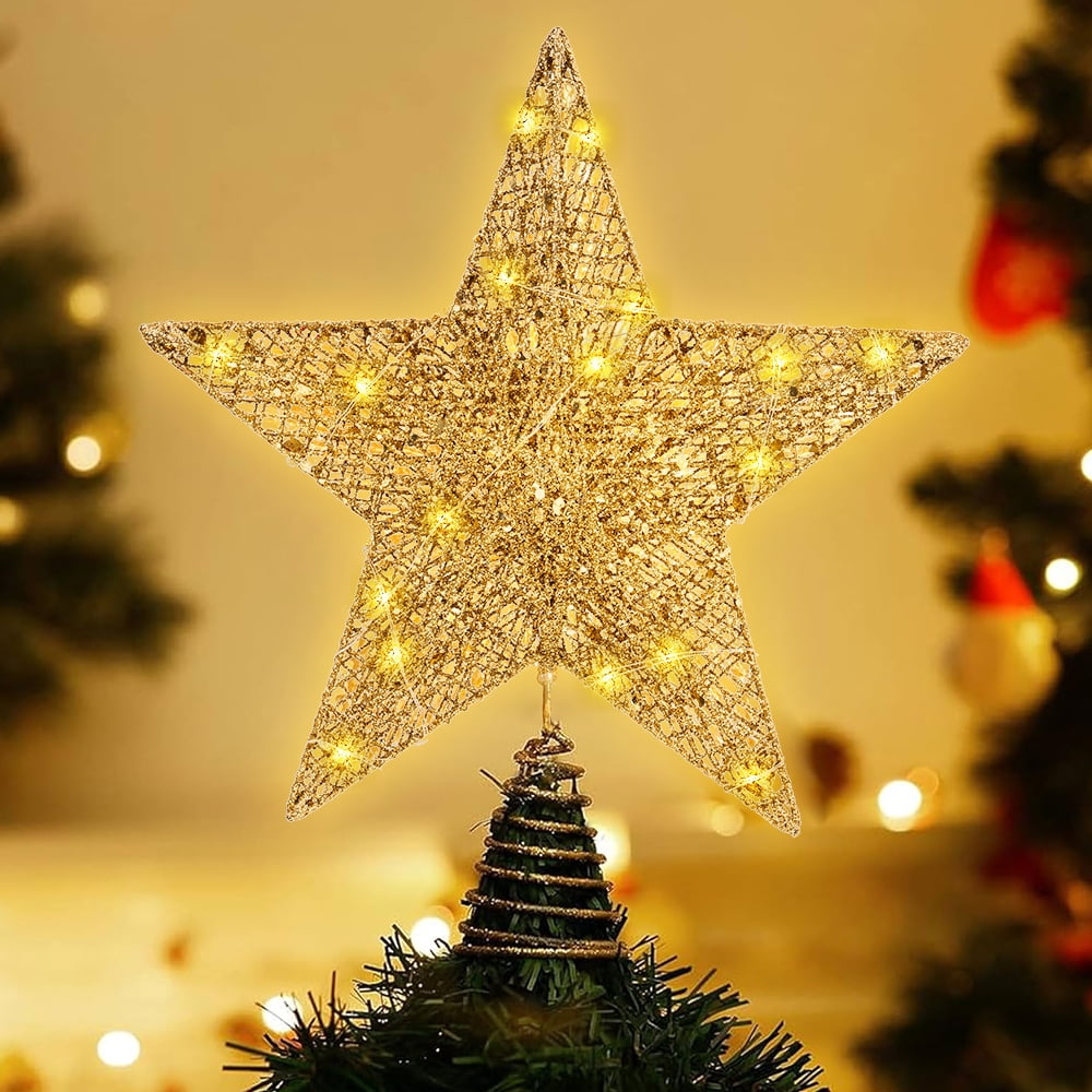 Christmas 12 inch Glitter Gold Star Tree Topper Lighted with Warm Yellow LED Lights for Xmas Tree Decorations, Indoor Decor