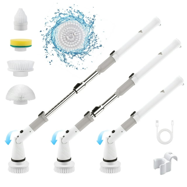 Electric Spin Scrubber, Cordless Power Brush Floor Scrubber with Adjustable Extension Arm and 4 Replaceable Bathroom Cleaning Brush Heads, Ideal for Tub, Tile, and Floor Cleaning , White