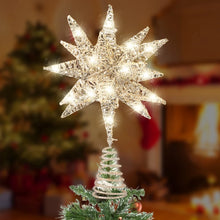 Load image into Gallery viewer, Funsmile Christmas Tree Topper Star 3D Hollow Metal Christmas Treetop Battery Operated with Light for Christmas Home Decoration 8in Silver
