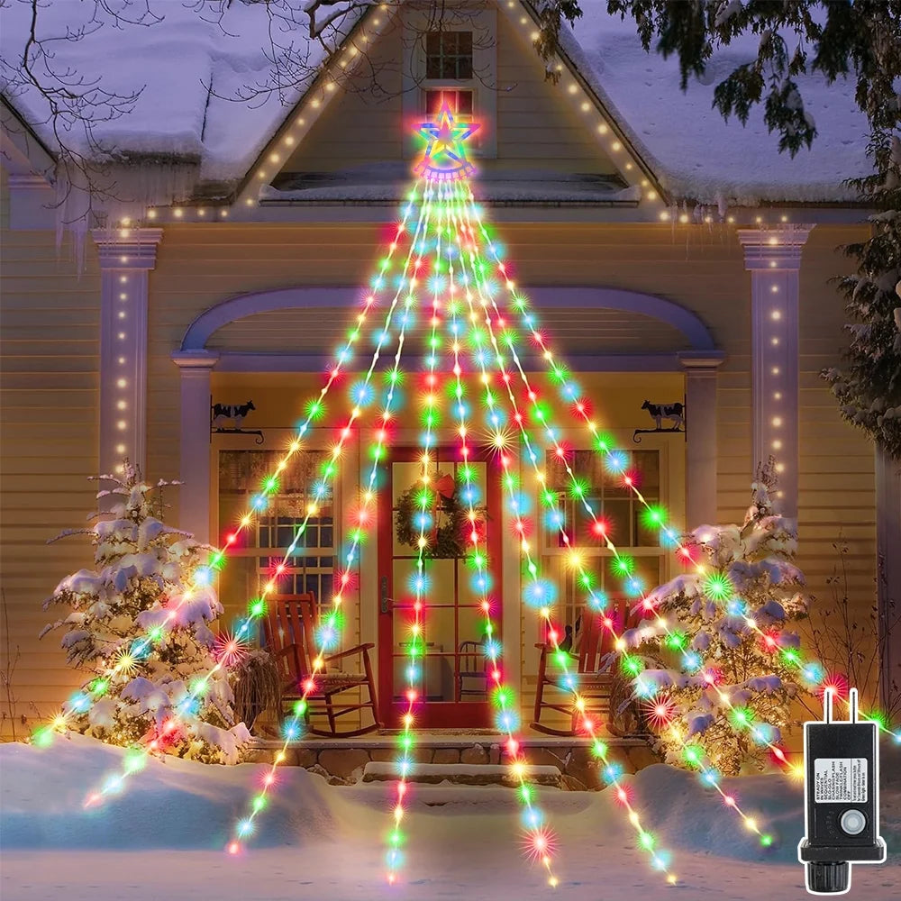 Christmas Lights with Star, 350 LED Christmas String Lights 25.8FT Star Waterfall Lights Christmas Fairy Lights with 8 Modes for Outdoor & Indoor Decoration, Multicolor