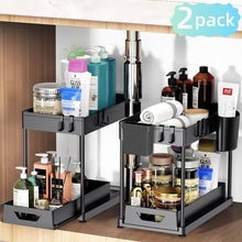 Load image into Gallery viewer, Mighty Rock 2 Pack Under Sink Organizer, Under Bathroom Cabinet Organizer with Hooks Hanging Cup, Multi-Purpose Storage Shelf for Kitchen Bathroom, Black
