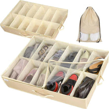 Load image into Gallery viewer, Mighty Rock 2 Pcs Under Bed Shoe Storage Organizers and 1 Shoe Storage Bag 12 Grids Under Bed Shoe Containers Storage Box Toy Storage Beige
