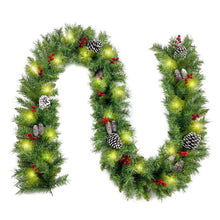 Load image into Gallery viewer, Mighty Rock 9FT Christmas Garland with 50 Waterproof LED Lights, Timer 8 Modes 20 Snowy Pinecones 98 Red Berries Battery Operated Pre-Lit Xmas Garland Christmas Decor for Christmas
