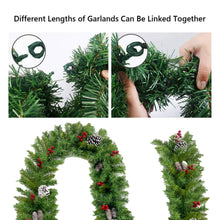 Load image into Gallery viewer, Mighty Rock 9FT Christmas Garland with 50 Waterproof LED Lights, Timer 8 Modes 20 Snowy Pinecones 98 Red Berries Battery Operated Pre-Lit Xmas Garland Christmas Decor for Christmas
