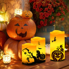 Load image into Gallery viewer, Halloween Flameless Candles Flickering Remote Timer Battery Operated Pumpkin Halloween Theme Decoration Set of 3
