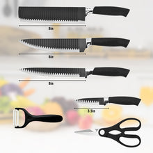 Load image into Gallery viewer, Kibhous 6 Pcs Kitchen Knife Set, Professional Chef Knife Set, Stainless Steel with Peeler Scissors Gift Case, Easy-Grip Handle, Rust-proof, Black
