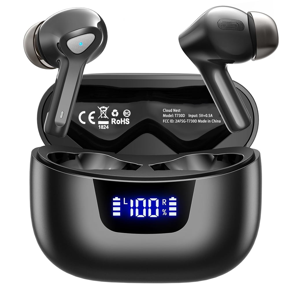 Wireless earphones, Bluetooth 5.3 stereo bass, IP7 waterproof in ear earphones, noise cancelling microphone earbuds, 50H playback time, LED display screen, suitable for mobile phones/computers, black