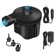 Load image into Gallery viewer, Movsou Electric Air Pump Portable Quick-Fill Pump 110V AC / 12V with 3 Nozzles Perfect Inflator/Deflator Pumps for Outdoor Camping, Inflatable Cushions, Air Mattress Beds, Boats, Swimming Ring, Black
