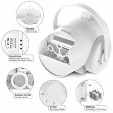 Load image into Gallery viewer, Pefeceve Bubble Machine Automatic Bubble Blower Portable Bubble Maker For Kids 2 Speed Levels Outdoor Indoor Plug in or Batteries Bubble Toys High Output White
