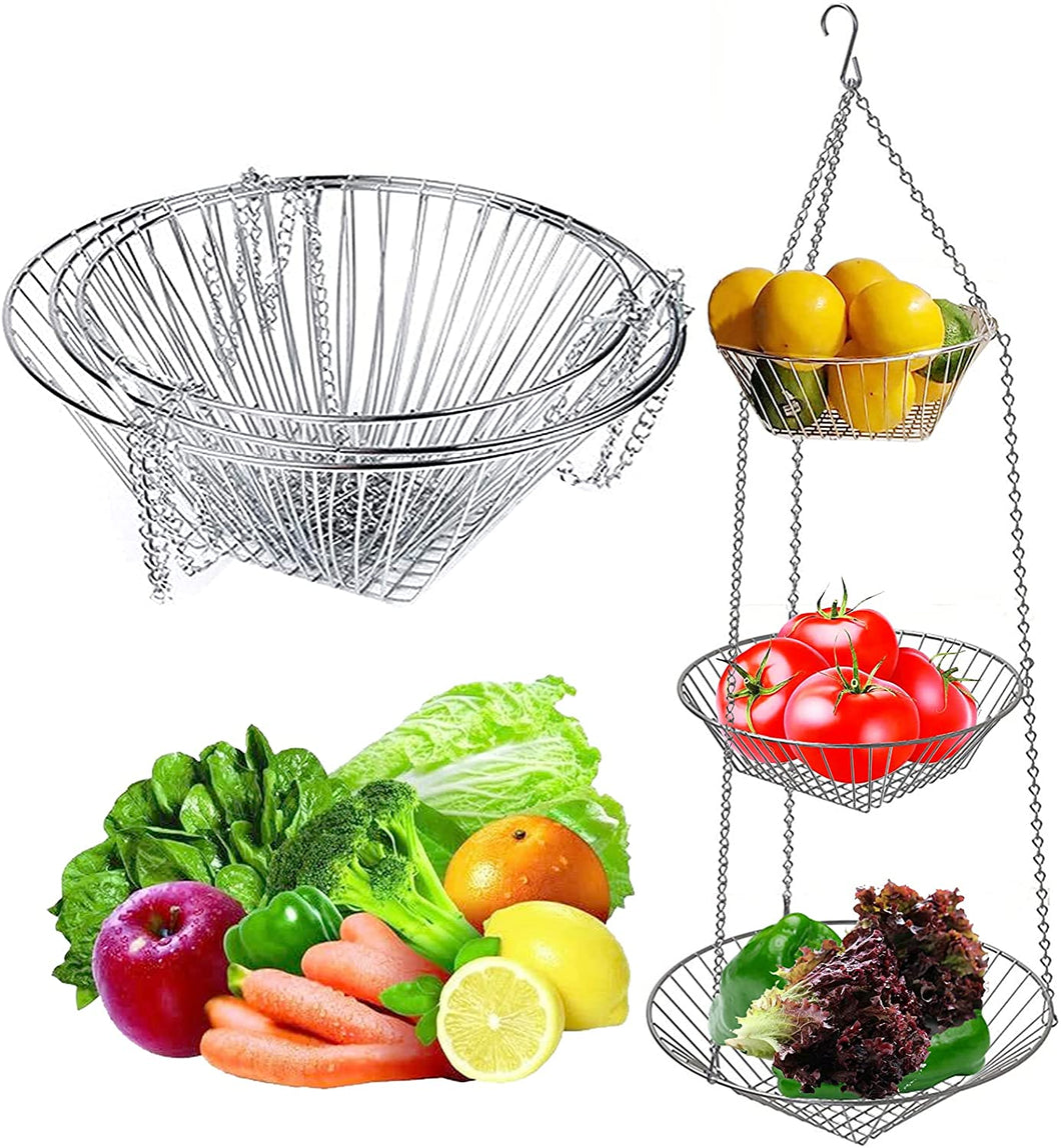 3 Tier Hanging Fruit Basket, Modern Country Style Home Decor, Countertop Space Saver for Fruits or Vegetables (Silver)