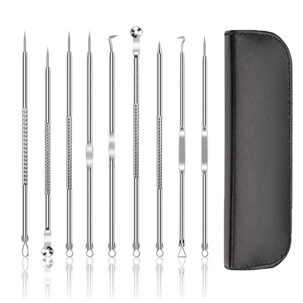 9 In 1 Pimple Popper Tool, Blackhead Remover Tool Kit,Comedone Extractor Acne Removal Tool for Nose Face Skin with PU Bag