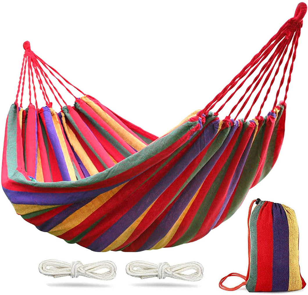 Double Hammock 2 Person Canvas Cotton Hammock with Carrying Bag for Patio Porch Garden Backyard Lounging Outdoor/ Indoor Rainbow Stripe Hammock
