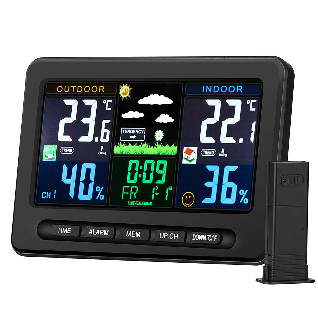 Wireless Weather Station with Outdoor Remote Sensor in/Out Temperature and Humidity Alarm Clock Calendar Weather Forecaster with Color LCD Display
