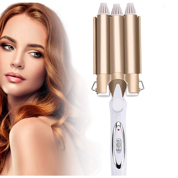 Hair Curling Iron, 3 Barrel Curling Iron Wand,Ceramic Tourmaline Triple Barrels, Dual Voltage Hair Crimper Temperature Adjustable 25mm Hair Crimper,Hair Waving Styling Tools for Women & Girls (Gold)