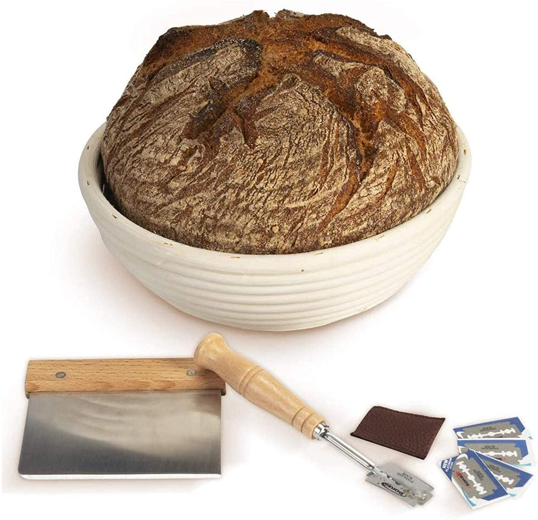 Banneton Proofing Basket Rising Bowl 9 Inch Basket Brotform Perfect Sourdough Baking with Liner Metal Dough Slashing Scraper Food-Grade Easy Clean Natural Rattan Basket