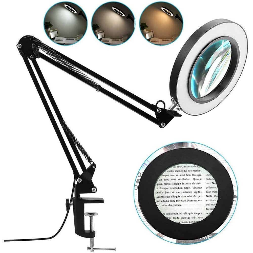 LED Magnifying Lamp with Clamp, 3 Color Modes, 10 -Diopter about 4.3″ Real Glass Lens, Adjustable Swivel Arm Lighted Magnifier Light for Reading Craft Close Work-5X