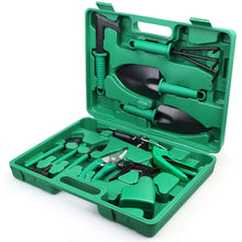 Load image into Gallery viewer, COSMONIC Garden Tools Set, 10 Piece Heavy Duty Gardening Tools with Carrying Case, Ergonomic Hand Tools, Rake, Shovel, Trowel, Sprayer, Gifts for Men, Women and Gardening Lovers
