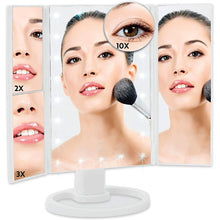 Load image into Gallery viewer, Makeup Mirror Vanity Mirror with 22 LED Lights, 1x 2X 3X Magnification, Lighted Makeup Mirror, Touch Control, Trifold Makeup Mirror, 180 Degree Rotation White, Portable LED Makeup Mirror, Women Gift
